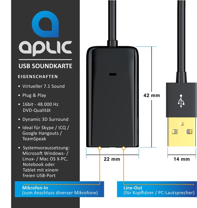 Immagine prodotto Aplic Scheda audio Virtual 7.1 Surround, USB mini esterna, Dynamic 3D Surround, ingresso da 3,5 mm (USB 2.0)