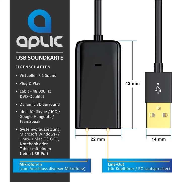 Produktbild Aplic Soundkarte Virtual 7.1 Surround, USB mini extern, Dynamic 3D Surround, 3,5mm Eingang, 3,5mm Ausgang (USB 2.0)