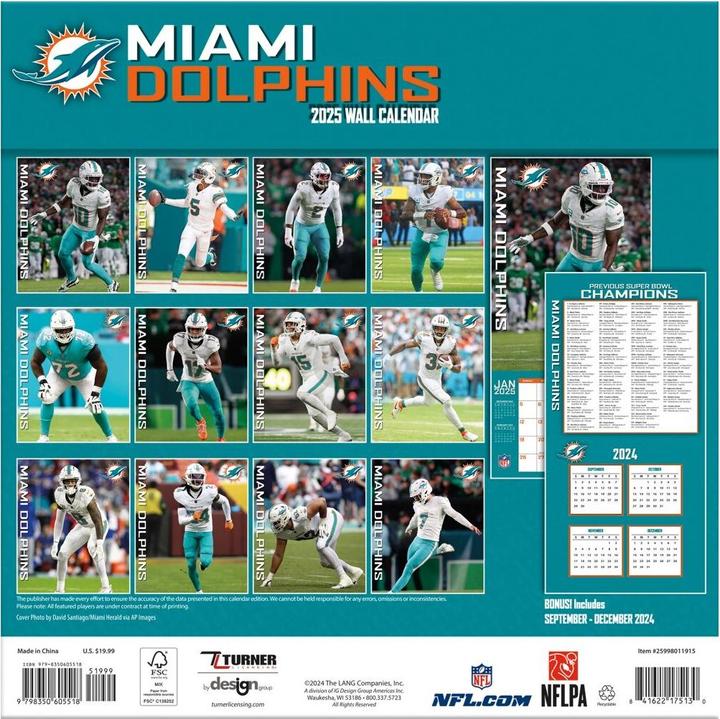 Actual product image NFL - Miami Dolphins - 30.5 x 30.5 cm team wall calendar 2025 (30.5 x 30.5 cm, French, Italian, Spanish, German, English)