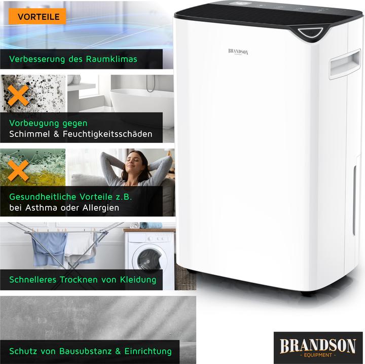 Produktbild Brandson Luftentfeuchter 20L/24h, 40m², Automatik, Timer, Ablaufschlauch, Wäschetrocknen, 2,2 l Tank, Rollen (40 m², 20 l/24h)