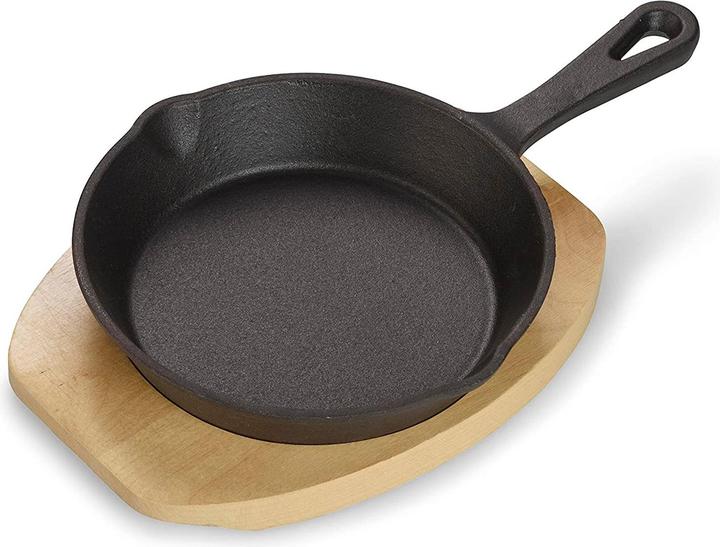 Echtwerk Servierpfanne aus Gusseisen Mini Pfännchen mit Servierbrett kleine Grillpfanne (Frying pan, Cast iron)