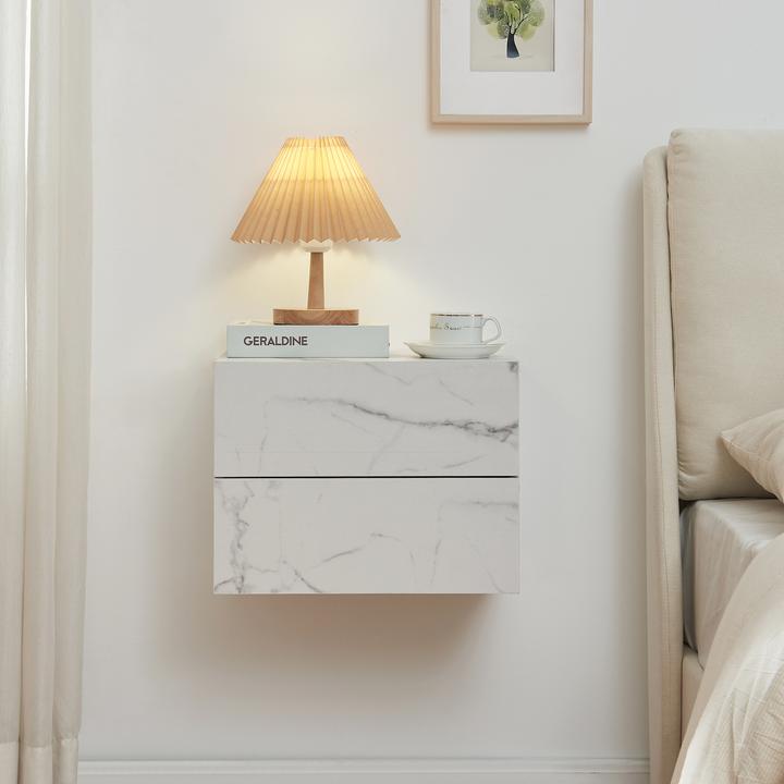 Produktbild En.Casa Nachttisch hängend Ampfing mit 2 Schubladen Marmoroptik, weiss (40 x 29 x 30 cm)