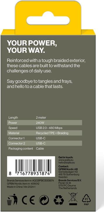 Actual product image Aqiila Cablebird CB12 - USB-C to USB-C Braided cable, 240W (2m) - Black (2 m, USB 2.0, 240 W)