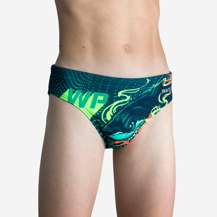 Actual product image Watko Badehose Slip Wasserball Jungen - 500 Shark dunkelblau/türkis (10, 11, 12)