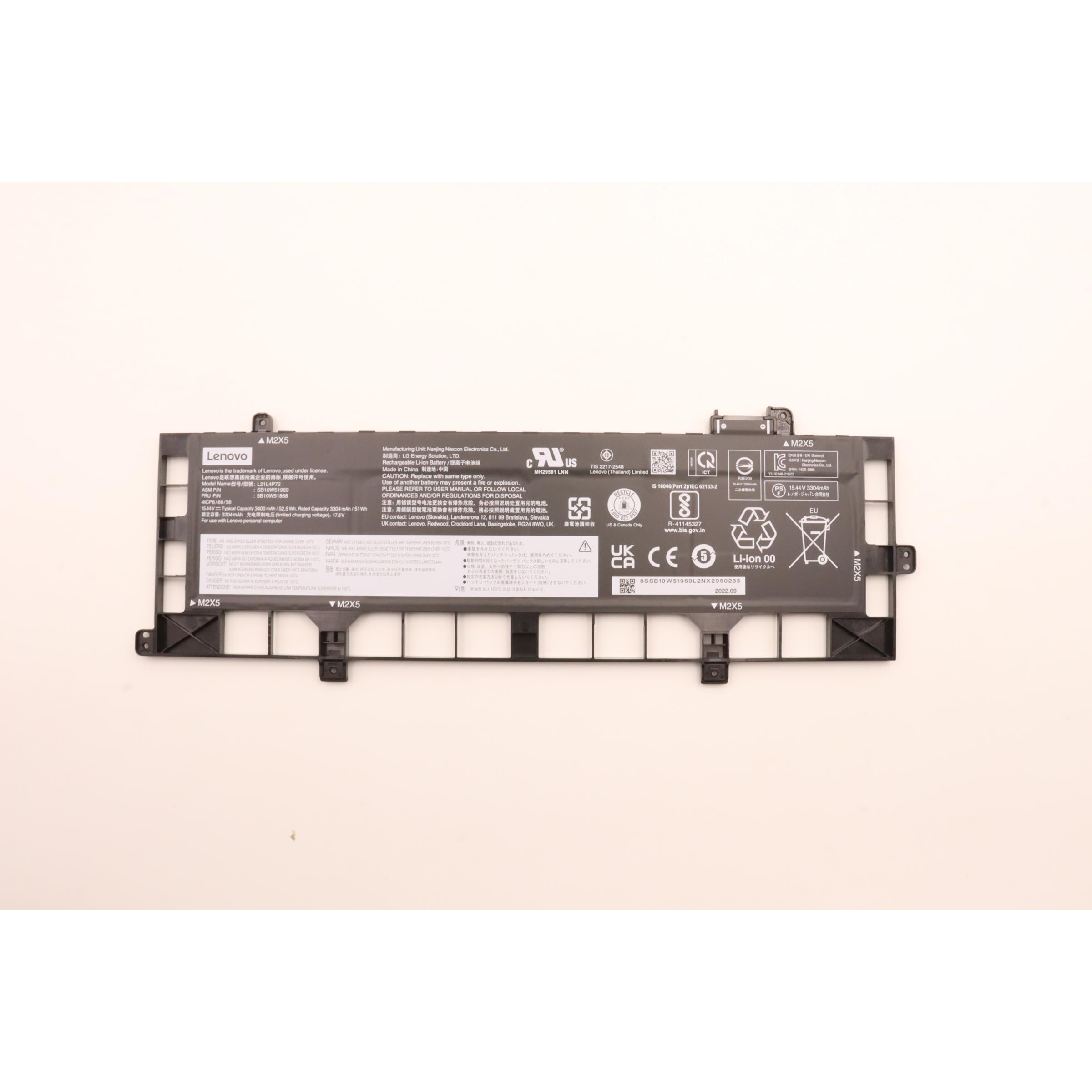 Lenovo BATTERY Internal, 4c, 52.5Wh (4 Zellen, 3400 mAh), Notebook Akku, Schwarz