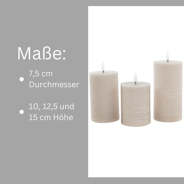 Immagine prodotto Novaliv 3er Set Led Kerzen 7,5cm ø Kerze flackernde Flamme mit Fernbedingung GRAU TAUPE 15 cm + 12,5 cm + 10 (3 x)