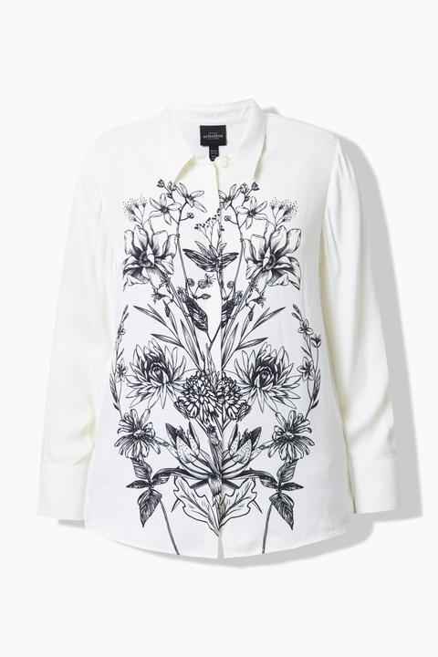Actual product image Ulla Popken Botanical Print Long Sleeve Button Down Satin Blouse (58, 60)