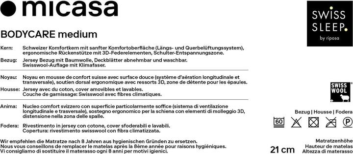 Nutritional values and ingredients SwissSleep by riposa BODYCARE medium (140 x 200, Foam core)