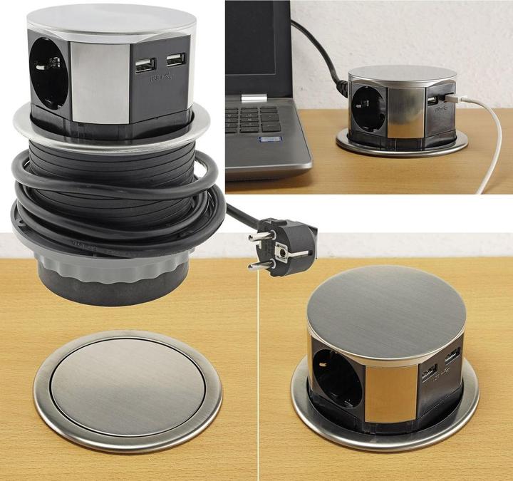 Produktbild Chilitec Schreibtisch-Einbausteckdose 3x + 2xUSB (3x, CEE 7/3, 1.50 m)