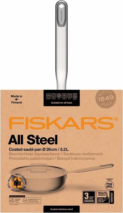 Actual product image Fiskars All Steel Sauté Pan with lid,2 (Frying pan, Stainless steel, 26 x 50.50 cm)