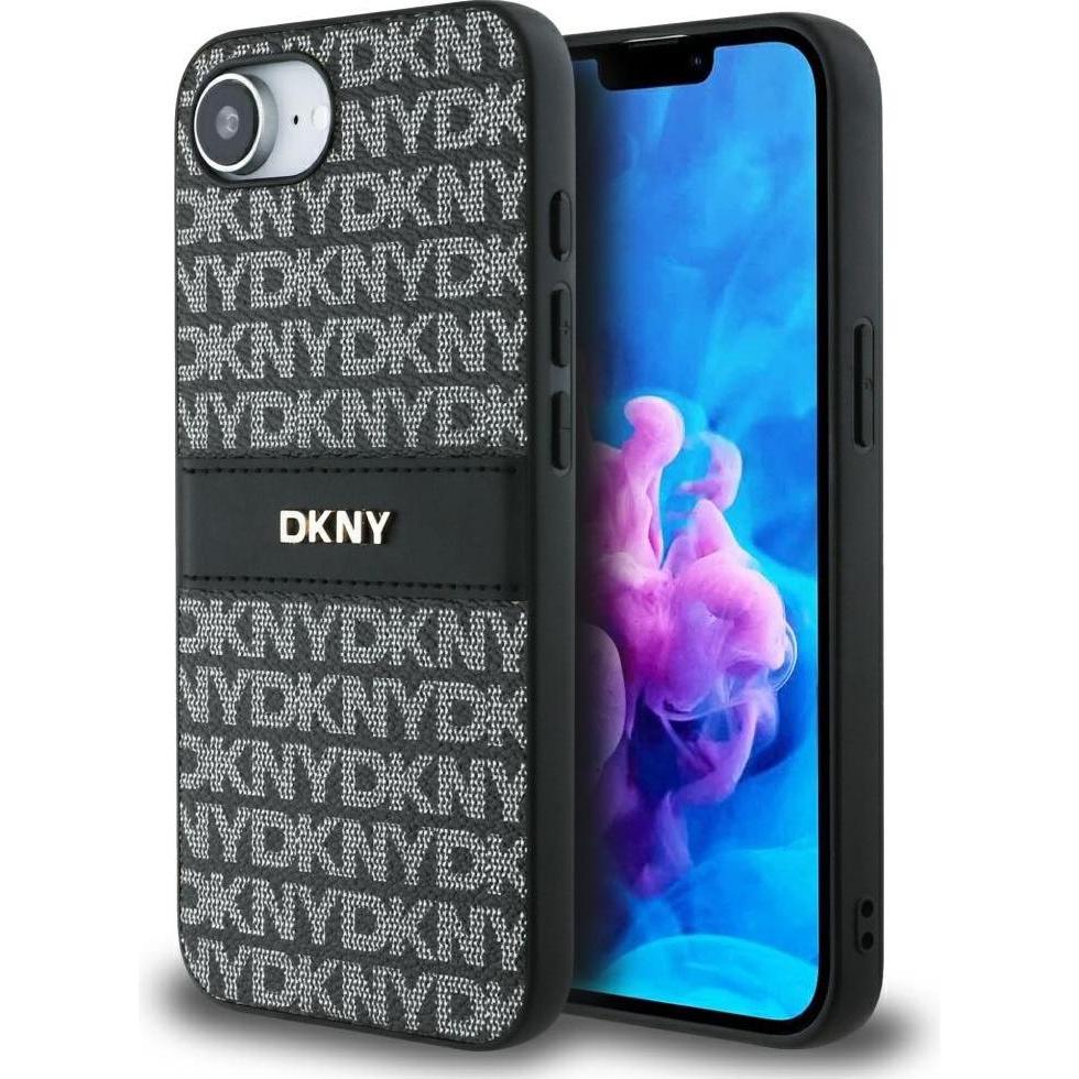 DKNY Etui Repeat Texture Pattern with Tonal Stripe do iPhone 16e czarny (Apple iPhone 16e), Cover smartphone, Nero