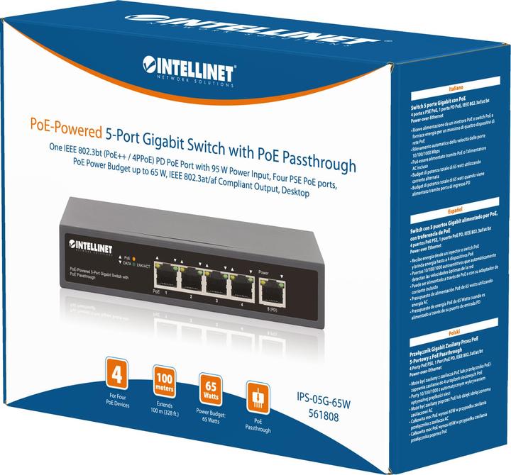 Actual product image Intellinet PoE-powered 5-port Gigabit switch with PoE passthrough (5 Ports)