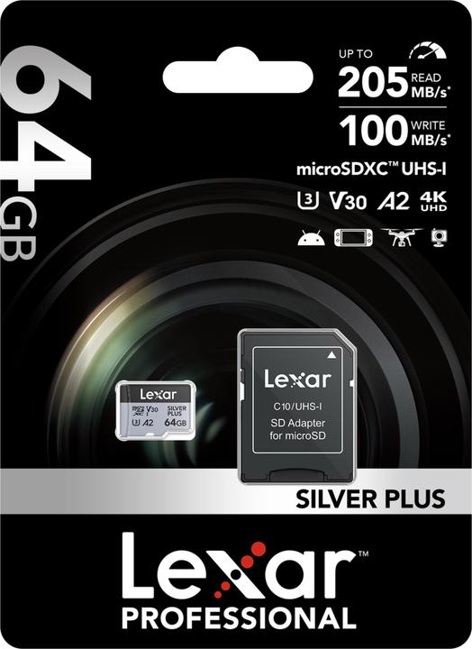 Actual product image Lexar Professional Silver Plus (64 GB, microSDXC, U3, UHS-I)