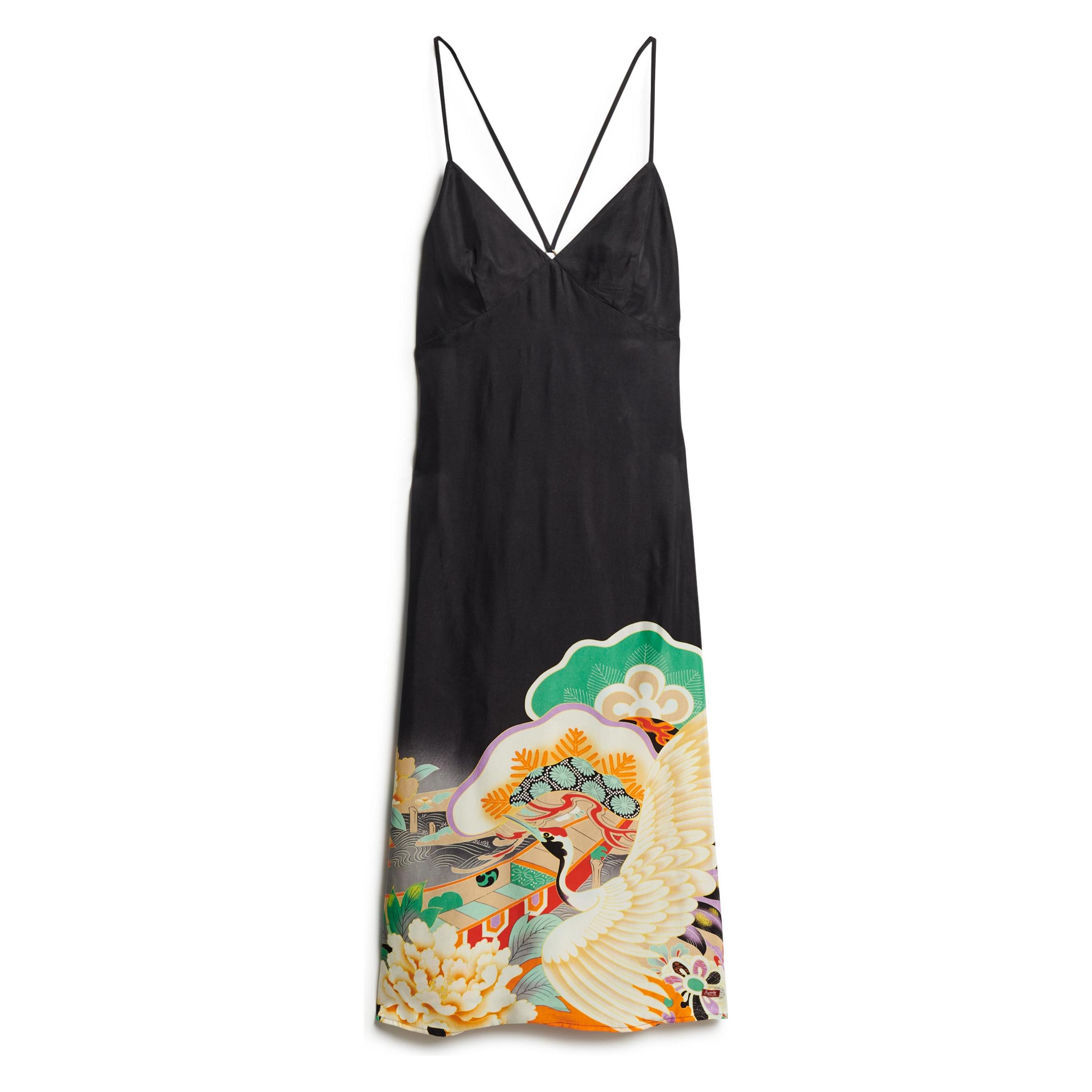 Superdry, Damen, Kleider, Bedrucktes Midi-Trägerkleid, Schwarz, (10XL)