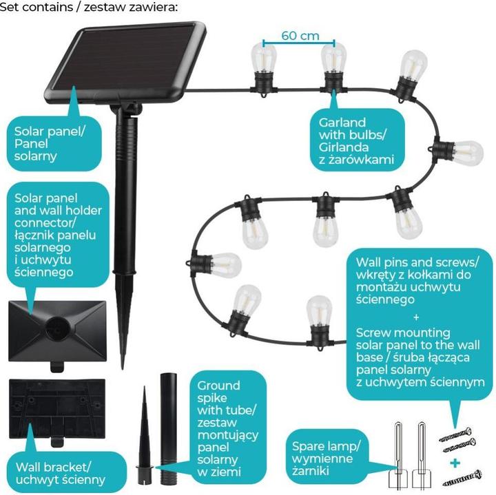 Actual product image Forever Light Solar Garland SUNARI FLS-60 7,5m 10 LED bulbs IP44 (IP44)