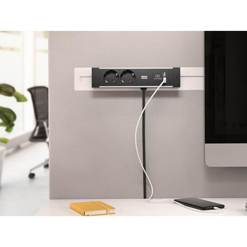 Thumbnail - Bachmann, Steckdosenleiste, DESK RAIL 2x Schutzkontakt 1x USB Charger (2 x, 2 m)