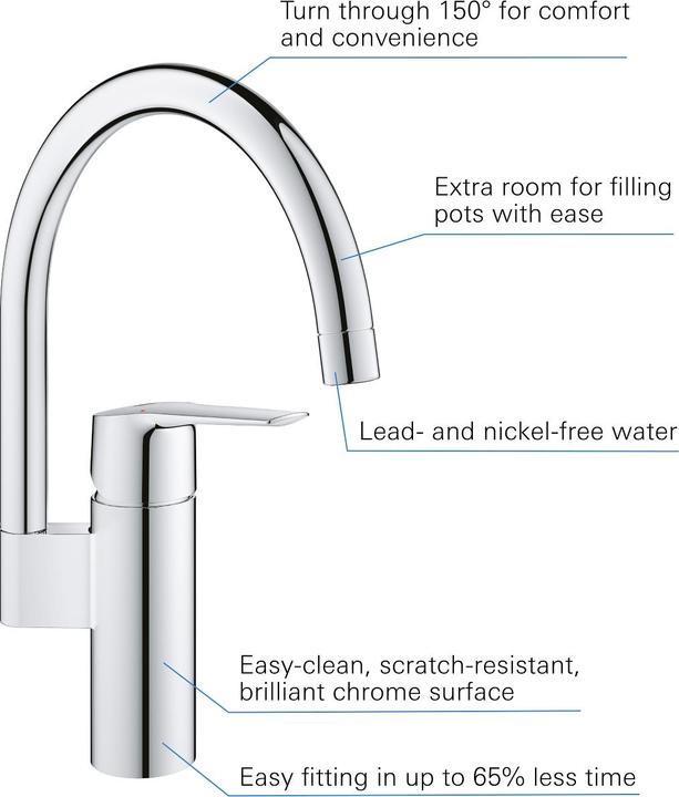 Productafbeelding Grohe Start QuickFix keukenmengkraan, hoge uitloop, draaibaar, chroom