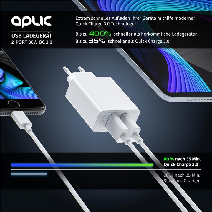 Actual product image Aplic USB charger, 2-port Quick Charge USB charger 36 W / 6000 mA / fast charging function, white (36 W, 2 ports)