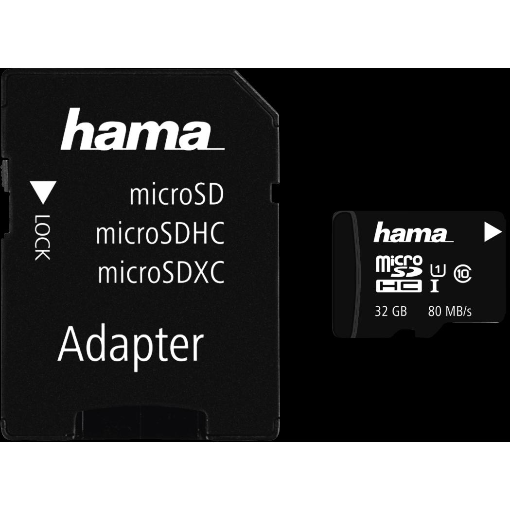 Hama microSDHC 32GB +Adapter/Mobile (32 GB, microSDHC, U1, UHS-I), Speicherkarte, Schwarz