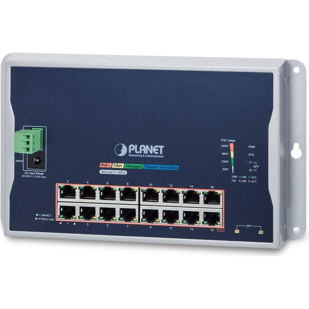 Planet WGS-4215-16P2S Netzwerk-Switch Managed L2 Gigabit Ethernet (10/100/1000) Power over Ethernet (PoE) (16 Ports), Ne...