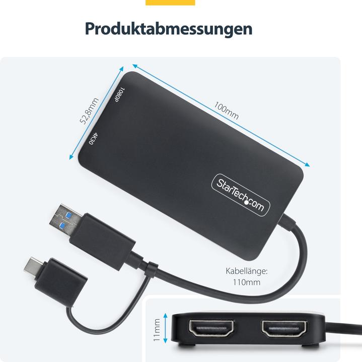 Actual product image StarTech com USB to Dual HDMI Adapter, USB A/C to 2x HDMI Displays (1x 4K30Hz, 1x 1080p), Integrated (USB-C, USB-A, 10 cm)