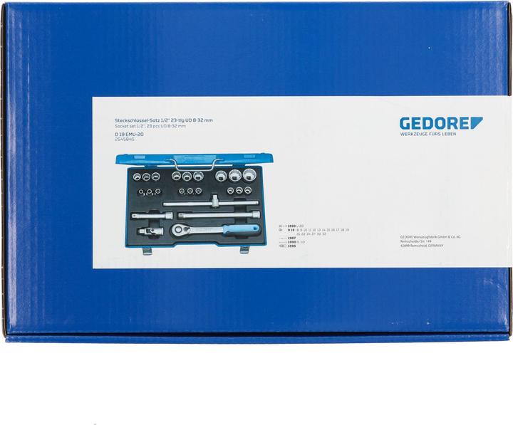 Image du produit Gedore D 19 EMU-20 Jeu de douilles 1/2", 23 pièces, profil UD, 8-32 mm (10 mm, 11 mm, 12 mm, 13 mm, 14 mm, 15 mm, 16 mm, 17 mm, 18 mm, 19 mm, 20 mm, 21 mm, 22 mm, 23 mm, 24 mm, 25 mm, 26 mm, 27 mm, 28 mm, 29 mm, 30 mm, 31 mm, 32 mm, 8 mm, 9 mm)