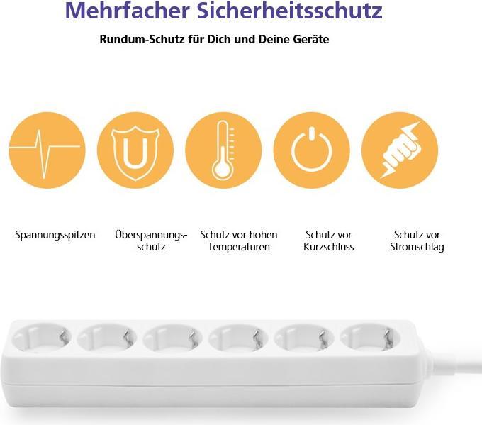 Actual product image Helos CLASSIC socket strip, 6-way, white, 3.0m, without switch (6x, CEE 7/3, 3 m)