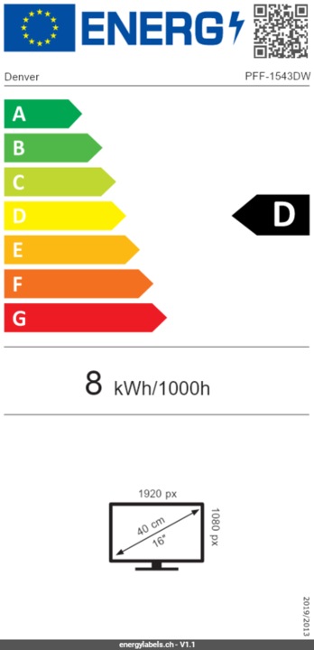Energielabel Denver PFF-1542 15,6" digitale fotolijst donker hout (15.60", 1920 x 1080 Pixels)
