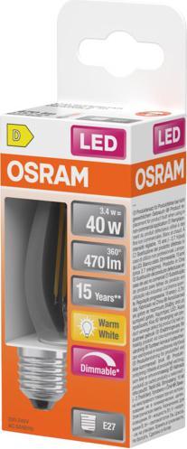 Produktbild Osram LED Leuchtmittel LED Retrofit CLASSIC B DIM 3.4W 827 Clear E27 Dimmbar Warm weiss 4099854445439 (E27, 470 lm, 1x)