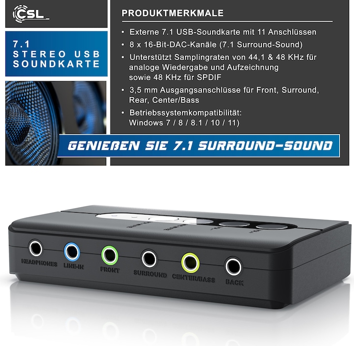 Actual product image CSL external USB sound card, 7.1 surround sound, stereo audio adapter, for PC - Win 10, 11 (USB)