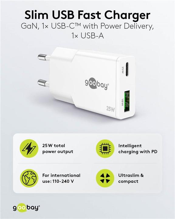 Produktbild Goobay USB-C PD GaN Dual-Schnellladegerät Slim 25 W (25 W, 2 Ports)