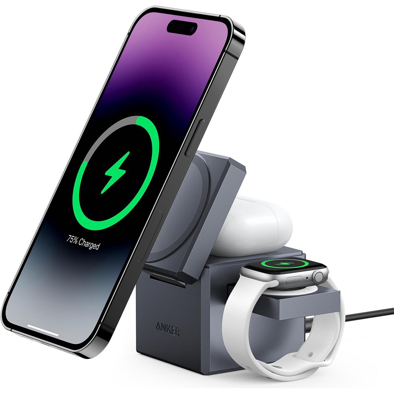 Thumbnail - Anker 3-in-1 Cube with MageSafe 2B2 (30 W), Wireless Charger, Schwarz
