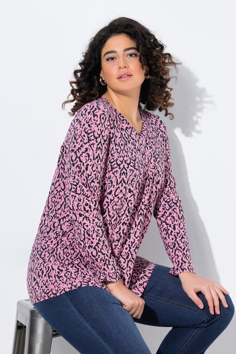 Image du produit Ulla Popken T-shirt avec plis fantaisie, décolleté en V et manches 3/4, coupe évasée (58)