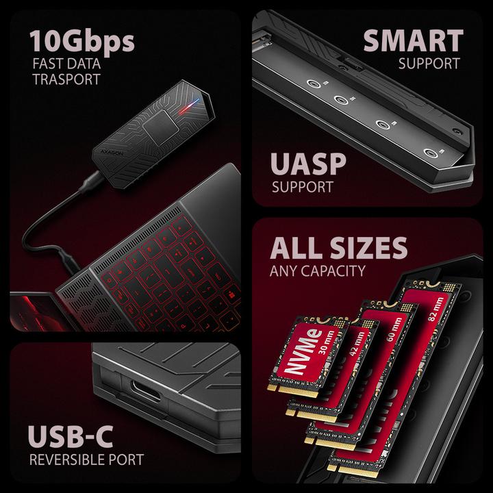 Actual product image Axagon EEM2-GAM, USB-C 10Gbps - NVMe & SATA SSD GAME M.2 box, bezšroubkový (M.2)