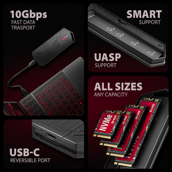 Actual product image Axagon EEM2-GAM, USB-C 10Gbps - NVMe & SATA SSD GAME M.2 box, bezšroubkový (M.2 2280)