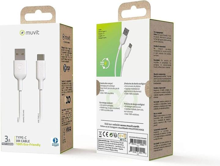 Produktbild Muvit For Change Cable USB A/Usb C 3m Blanc (3 m, USB 2.0, 27 W)