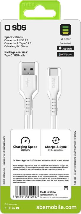 Image du produit SBS TECABLEMICROC15W Câble USB 1,5 m USB 2.0 USB A USB C blanc (1.50 m, USB 2.0)