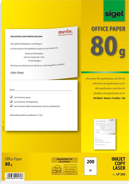 Produktbild Sigel Ink/Laser/Kopier-Papier (80 g/m², 100 x, A4)