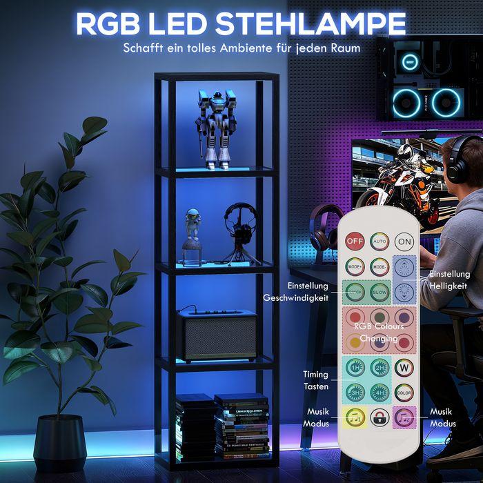 Actual product image Swisshandel24 RGB Stehlampe mit Glasregalen, 4-Ebenen-LED, Fernbedienung, Musiksynchronisation, Schwarz