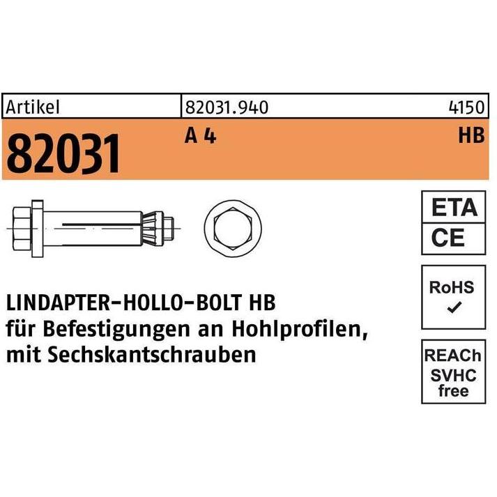 Lindapter, Dübel, Hohlraumdübel R 82031 m.6-kantschraube HB 10-3 ( 90/60) A 4 (1 Stk.)