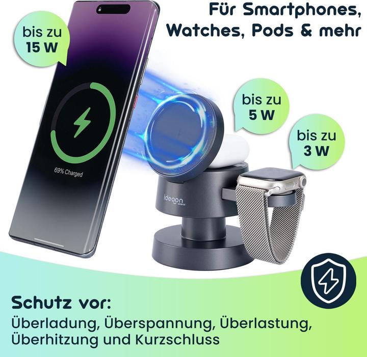 Produktbild Ideoon 3-in-1 Drahtlose Ladestation, komp. mit AirPods & Apple Watch, schwarz (15 W)