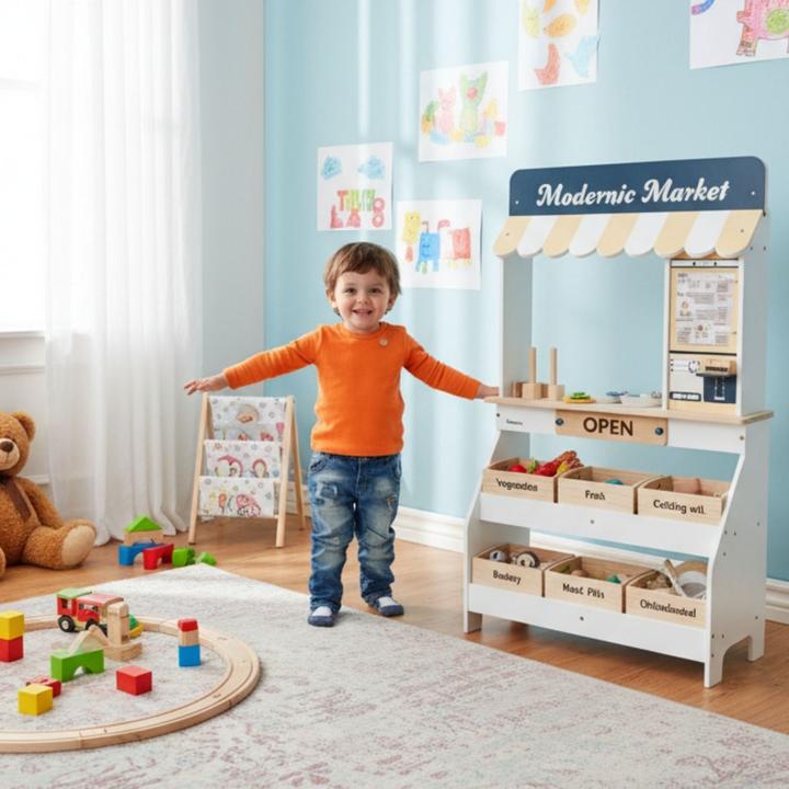 Image du produit Hermex Holz-Kaufladen mit Zubehör Kinder Marktstand Kaufmannsladen