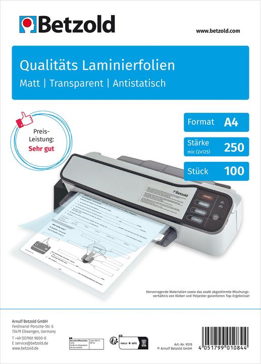 Betzold Karton mit 100 Laminierfolien matt, DIN A4, 250 mic (A4, 100 Stück, 250 µm)