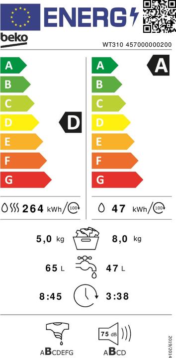 Label énergétique Beko Waschtrockner WT310, W8kg/T5kg