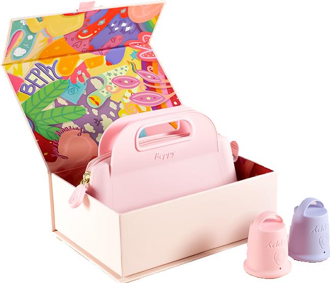 Beppy Cups "COTTON CANDY" Pink/Purple, Box with two menstrual cups and storage bag