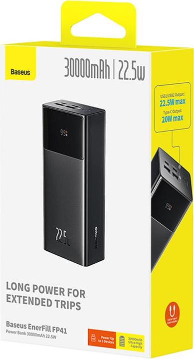 Image du produit Baseus - Power Bank EnerFill FP41 (E0027K00) - Type-C, 2x USB-A, 30000mAh, 22.5W, QC + PD - Noir (30000 mAh, 22.50 W)