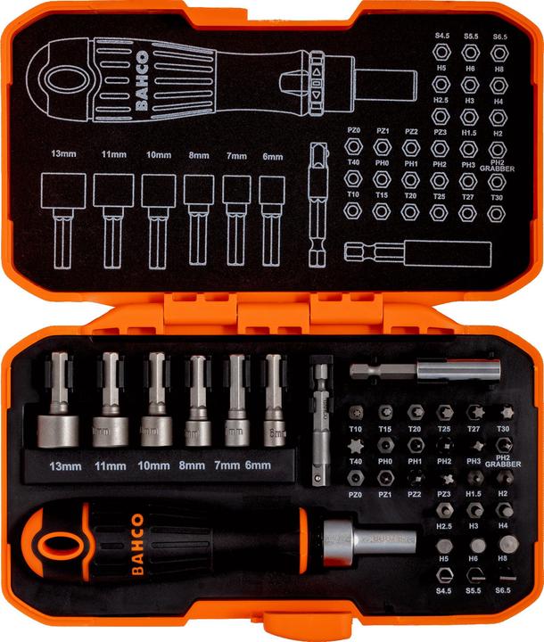 Actual product image Bahco 1/4" bit set with ratchet screwdriver for slotted, Phillips, TORX, Pozidriv and hexagon socket (1/2", 1/4", 3/4", 3/8", 5/16", 1/8)