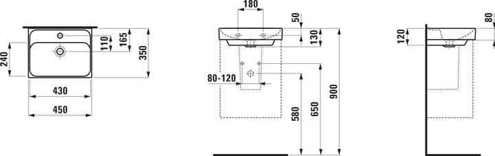 Produktbild Laufen Meda Handwaschbecken, unterbaufähig, 450x350mm, 1 Hahnloch, mit Überlauf (350 mm, 450 mm)