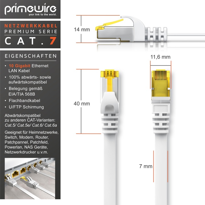 Produktbild Primewire CAT.7 Netzwerkkabel flach - Ethernet Gigabit Lan Kabel RJ45 - Patchkabel - komp. CAT.5 CAT.6 CAT.8 (U/FTP, CAT7, 0.25 m)