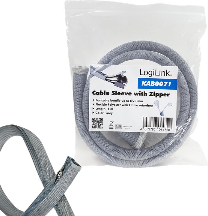 Actual product image LogiLink Cable conduit with zip, 1.0 m, grey made of polyester, abrasion-, tensile- & deformation-resistant (Cable conduit, 100 cm)
